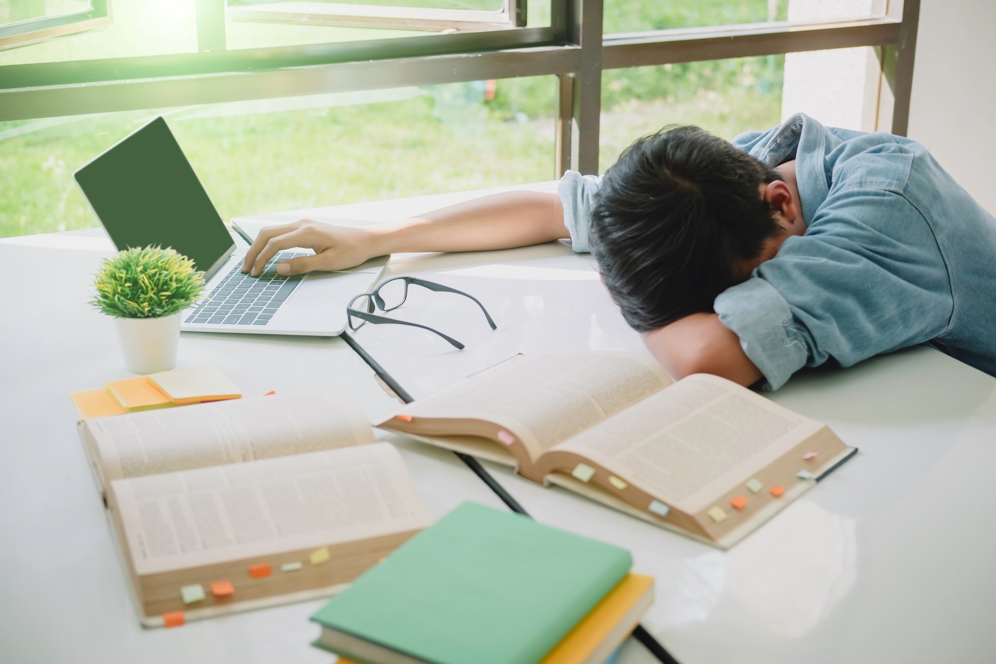 High School or College Sleep While Sitting at Table. 